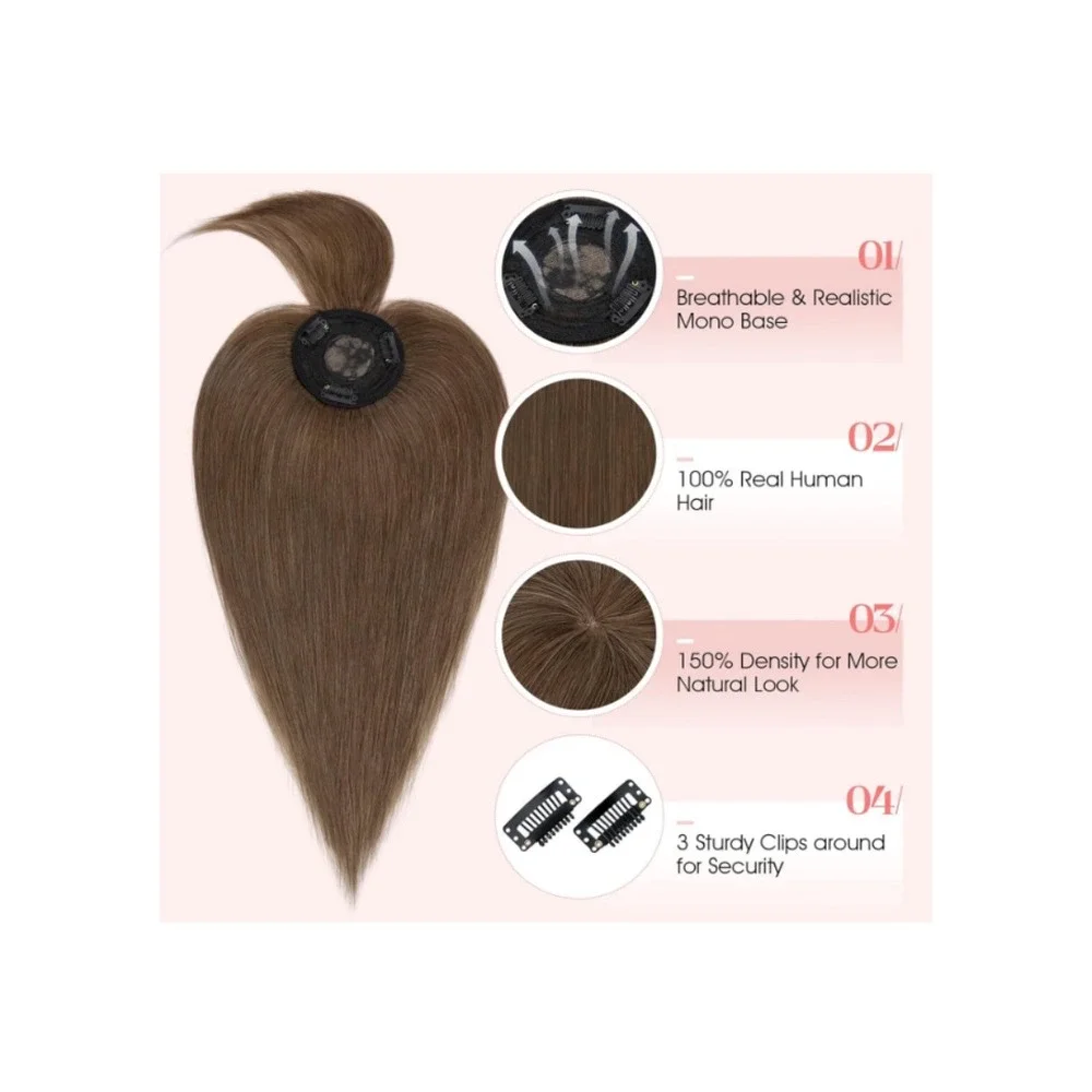 Mono Hair Topper with Bangs 100% Real Human Hair‎ 10 Inch Brown 150% Density